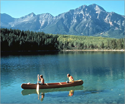 Lake Canoeing, Jasper National Park Canadian Rockies.