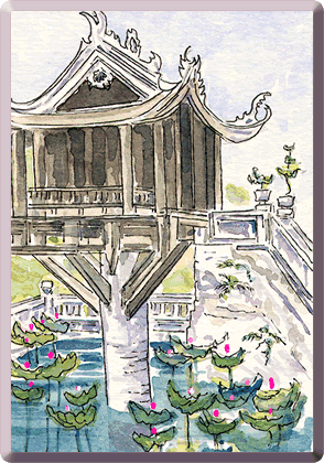 painting of one pillar pagoda, Vietnam cultural travel.