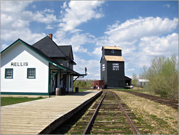 Alberta historic railway and grain elevator at Ukrainian Cultural Heritage Village.