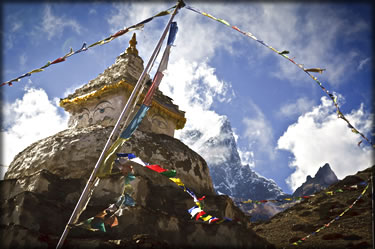 Wilderness photography: a Buddhist stupa, mountains of Nepal.