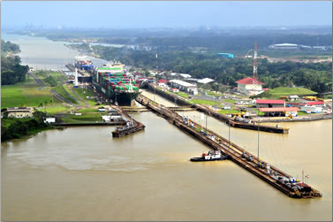 Aerial view of Panama Canal locks.